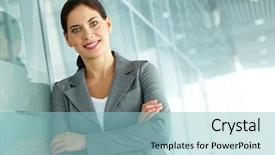  Presentation with camera - Presentation design featuring beautiful businesswoman by wall looking background and a light blue colored foreground