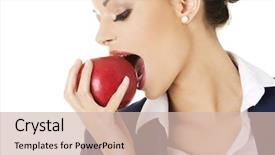  Presentation with apple cider vinegar histrory - Audience pleasing slide deck consisting of beautiful businesswoman eating an apple backdrop and a  colored foreground