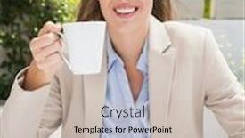  Presentation with muffin - Beautiful presentation theme featuring beautiful businesswoman having a coffee and muffin outside at the coffee shop backdrop and a soft green colored foreground