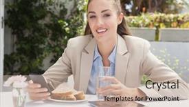  Presentation with lunch - Slide deck consisting of beautiful businesswoman on her lunch outside at the coffee shop background and a mint green colored foreground