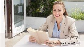  Presentation with coffee book - Cool new presentation design with beautiful businesswoman reading a book outside at the coffee shop backdrop and a soft green colored foreground