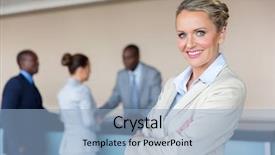  Presentation with hotel - Colorful slide deck enhanced with beautiful businesswoman standing at hotel backdrop and a light blue colored foreground