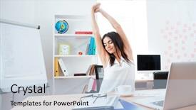  Presentation with stretching - Presentation theme having beautiful businesswoman stretching hands background and a light blue colored foreground