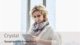  Presentation with lobby - Cool new slides with beautiful businesswoman using tablet pc at creative office lobby backdrop and a light gray colored foreground