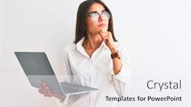  Presentation with questions question marks idea - Slide deck having beautiful-businesswoman-wearing-glasses-using background and a sky blue colored foreground
