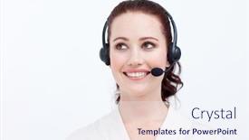  Presentation with upwards - Cool new slide deck with beautiful businesswoman with a headset on looking upwards against white background backdrop and a sky blue colored foreground