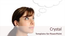  Presentation with thoughts - Slides enhanced with beautiful businesswoman with thoughts bubble isolated on white background and a sky blue colored foreground