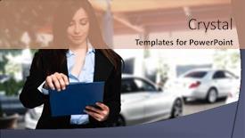  Presentation with car dealer - PPT theme featuring beautiful-car-dealer-reading background and a  colored foreground