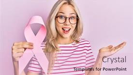  Presentation with pink ribbon hands - PPT theme featuring beautiful-caucasian-blonde-girl-holding background and a lemonade colored foreground