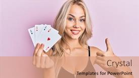  Presentation with poker - Colorful slide set enhanced with beautiful-caucasian-blonde-girl-holding backdrop and a coral colored foreground