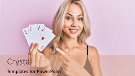  Presentation with poker - PPT theme having beautiful-caucasian-blonde-girl-holding background and a coral colored foreground