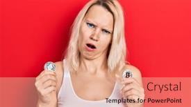  Presentation with bitcoin - PPT layouts featuring beautiful-caucasian-blonde-woman-holding background and a coral colored foreground