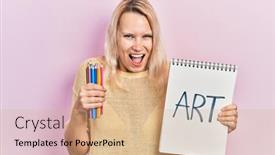  Presentation with color pencils - Cool new theme with beautiful-caucasian-blonde-woman-holding backdrop and a coral colored foreground