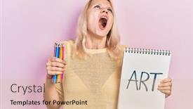  Presentation with color pencils - Slide set enhanced with beautiful-caucasian-blonde-woman-holding background and a coral colored foreground