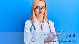  Presentation with clipboard stethoscope - Cool new PPT theme with beautiful-caucasian-blonde-woman-wearing backdrop and a light blue colored foreground