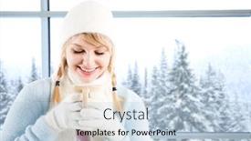  Presentation with ski - Colorful slides enhanced with beautiful caucasian girl drinking hot coffee at a ski resort on a snowy day backdrop and a light blue colored foreground