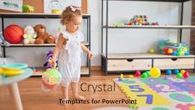  Presentation with infant - Presentation design with beautiful caucasian infant playing with toys at colorful playroom happy and playful wth colorful balls at kindergarten background and a coral colored foreground