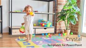  Presentation with infant - PPT theme enhanced with beautiful caucasian infant playing with toys at colorful playroom happy and playful wth colorful balls at kindergarten background and a coral colored foreground
