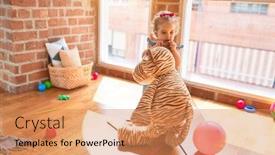  Presentation with infant - Presentation design with beautiful caucasian infant playing with toys at colorful playroom happy and playful cuddling stuffed animal at kindergarten background and a coral colored foreground
