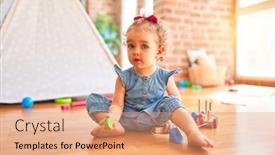  Presentation with infant - Colorful presentation theme enhanced with beautiful caucasian infant playing with toys at colorful playroom happy and playful with wooden train pieces at kindergarten backdrop and a coral colored foreground