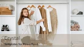  Presentation with clothes - Colorful PPT theme enhanced with beautiful-caucasian-nice-girl-choosing backdrop and a coral colored foreground