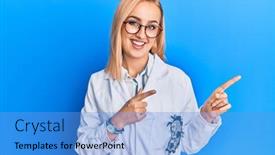  Presentation with optometry - Slide set consisting of beautiful-caucasian-oculist-woman-wearing background and a light blue colored foreground