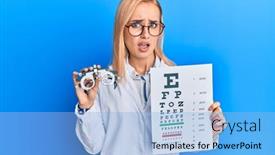  Presentation with optometry - PPT theme having beautiful-caucasian-optician-woman-holding background and a light blue colored foreground