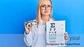  Presentation with optometry - PPT theme consisting of beautiful-caucasian-optician-woman-holding background and a light blue colored foreground