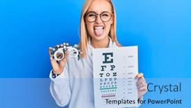  Presentation with optometry - Slide set enhanced with beautiful-caucasian-optician-woman-holding background and a light blue colored foreground