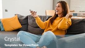  Presentation with television watching - Presentation theme having beautiful-caucasian-pleased-woman-holding background and a seafoam green colored foreground