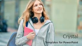  Presentation with student - Cool new slide deck with beautiful-caucasian-student-teenager-using backdrop and a light gray colored foreground