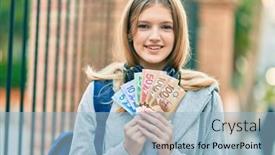  Presentation with student - PPT theme having beautiful-caucasian-student-teenager-using background and a light blue colored foreground