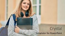  Presentation with student - PPT layouts enhanced with beautiful-caucasian-student-teenager-using background and a coral colored foreground