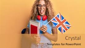  Presentation with student exchange - PPT theme featuring beautiful-caucasian-teenager-girl-exchange background and a yellow colored foreground