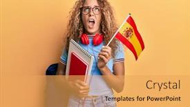  Presentation with student exchange - Cool new PPT theme with beautiful-caucasian-teenager-girl-exchange backdrop and a yellow colored foreground