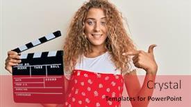  Presentation with clapboard - PPT theme with beautiful-caucasian-teenager-girl-holding background and a red colored foreground