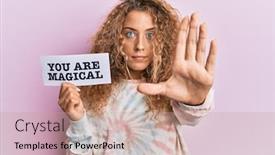  Presentation with magical - PPT theme featuring beautiful-caucasian-teenager-girl-holding background and a coral colored foreground