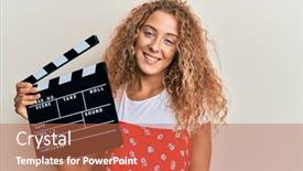  Presentation with clapboard - Slide deck enhanced with beautiful-caucasian-teenager-girl-holding background and a red colored foreground