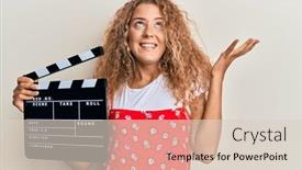  Presentation with clapboard - Beautiful PPT layouts featuring beautiful-caucasian-teenager-girl-holding backdrop and a lemonade colored foreground