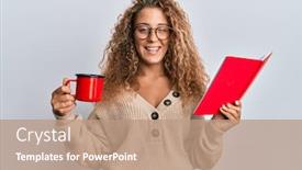 Presentation with coffee book - Amazing presentation theme having beautiful-caucasian-teenager-girl-reading backdrop and a coral colored foreground