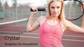  Presentation with court - Colorful slides enhanced with beautiful caucasian tennis player stretching on the tennis court backdrop and a coral colored foreground