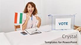  Presentation with political woman - Presentation theme having beautiful-caucasian-woman-at-political background and a lemonade colored foreground