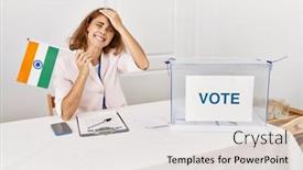  Presentation with political woman - Slide set featuring beautiful-caucasian-woman-at-political background and a light gray colored foreground