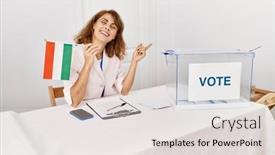  Presentation with political campaign - PPT theme with beautiful-caucasian-woman-at-political background and a light gray colored foreground