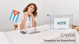  Presentation with political woman - Slide set having beautiful-caucasian-woman-at-political background and a light gray colored foreground