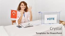  Presentation with political woman - Slide set featuring beautiful-caucasian-woman-at-political background and a lemonade colored foreground