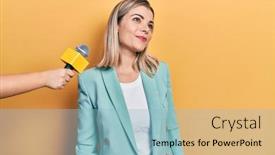  Presentation with microphone - Presentation consisting of beautiful-caucasian-woman-being-interviewed background and a  colored foreground