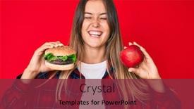  Presentation with burger - Beautiful slides featuring beautiful-caucasian-woman-comparing-burger backdrop and a violet colored foreground