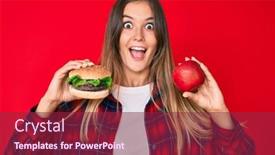  Presentation with burger - Beautiful slides featuring beautiful-caucasian-woman-comparing-burger backdrop and a violet colored foreground