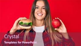  Presentation with burger - Slide set consisting of beautiful-caucasian-woman-comparing-burger background and a violet colored foreground